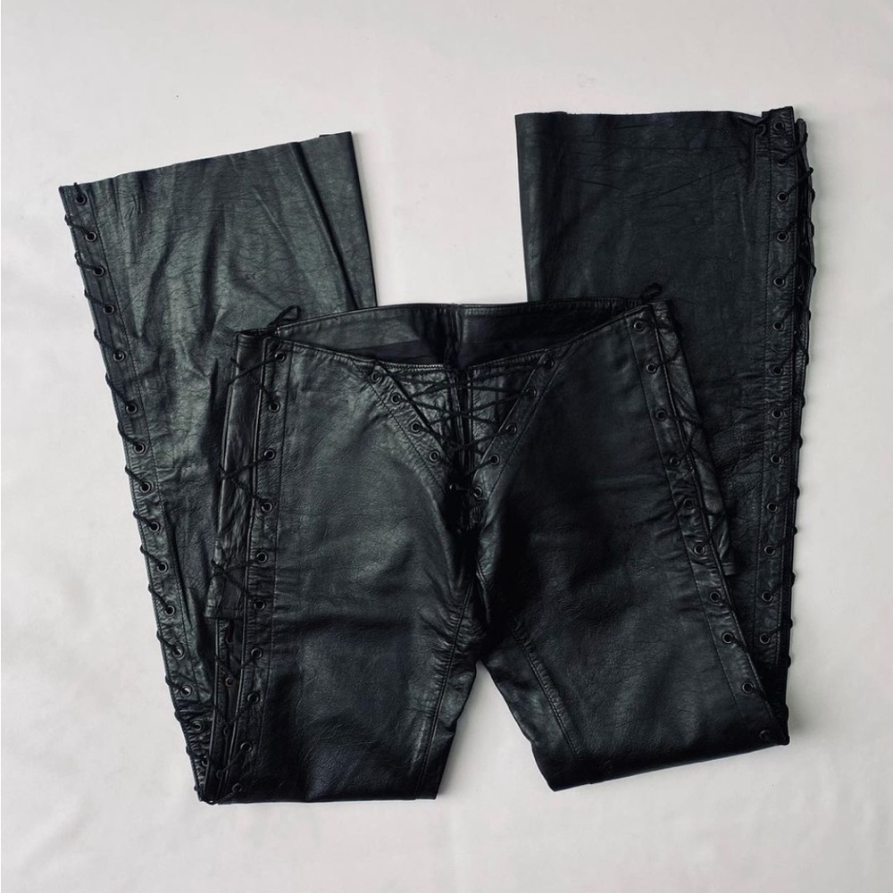 Low waist real genuine leather pant tie up sides